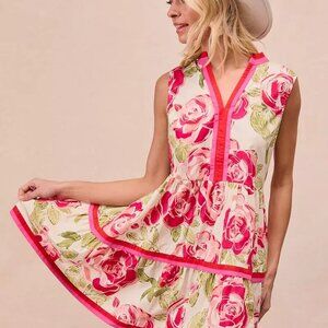 BiBi Floral Woven Contrast‎ Edge Tiered Ruffle Mini Dress